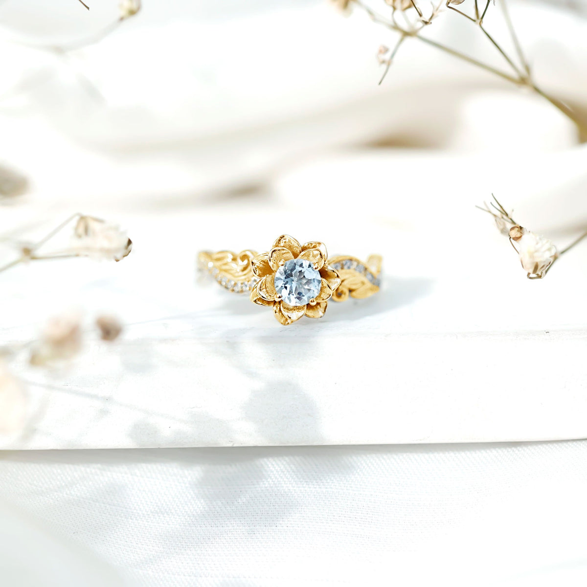Natural Aquamarine and Diamond Flower Engagement Ring in Gold Plated Silver