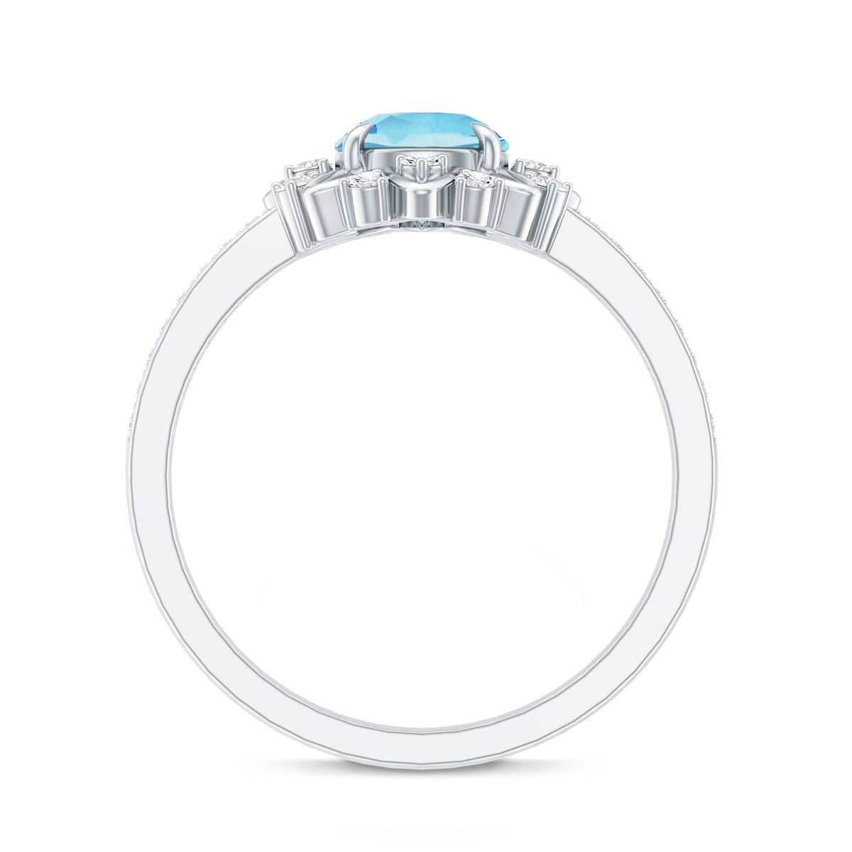 Genuine 0.8 Aquamarine Floral Engagement Ring with Diamond Side Stones