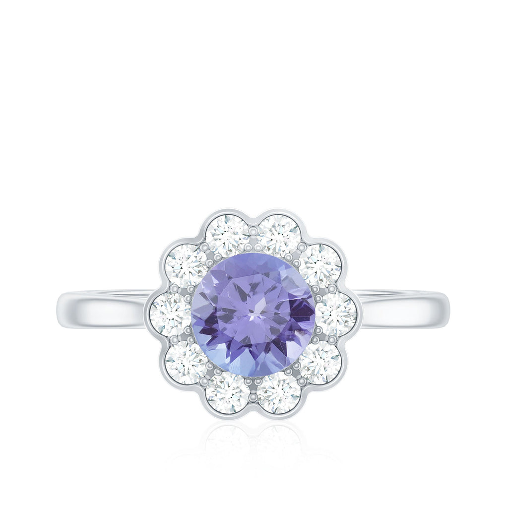Natural Tanzanite Floral Engagement Ring with Diamond Halo