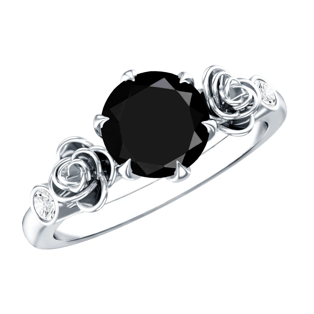 Natural Black Spinel Floral Engagement Ring with Diamond