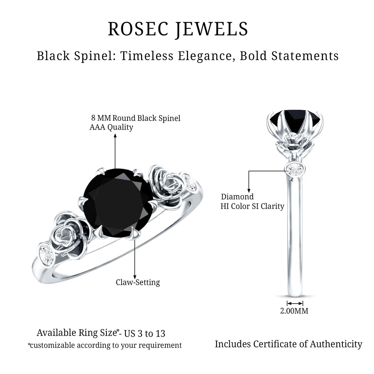 Natural Black Spinel Floral Engagement Ring with Diamond