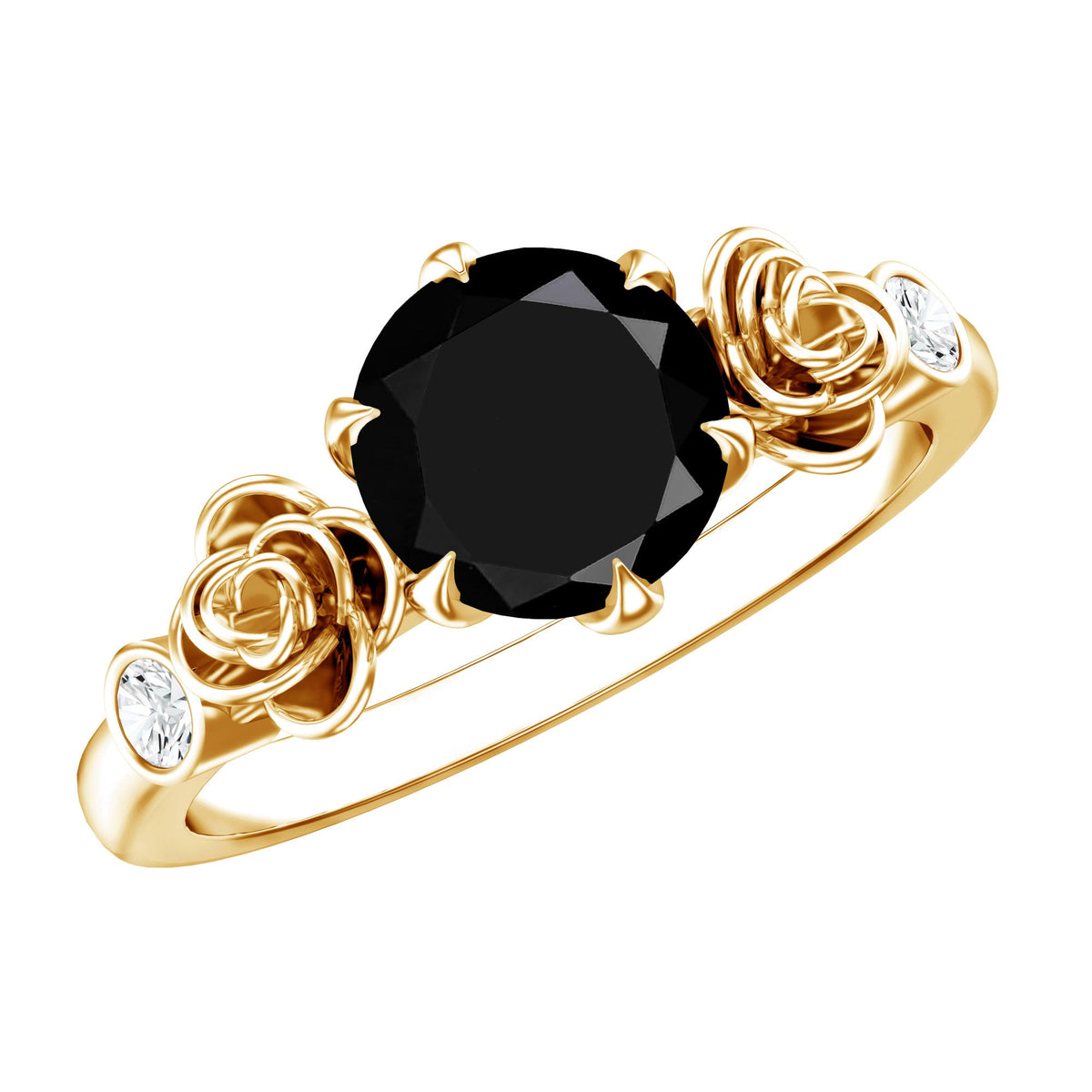 Natural Black Spinel Floral Engagement Ring with Diamond