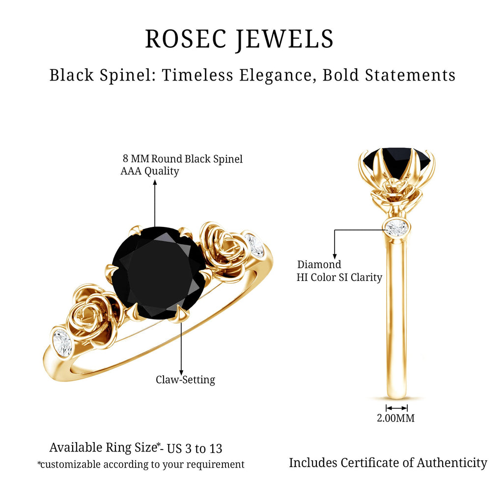 Natural Black Spinel Floral Engagement Ring with Diamond