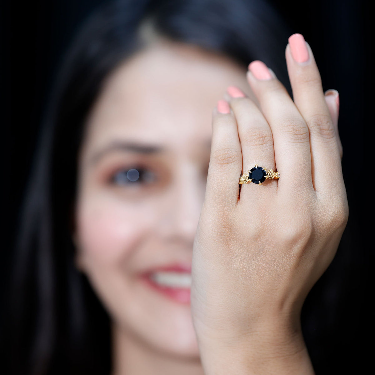 Natural Black Spinel Floral Engagement Ring with Diamond