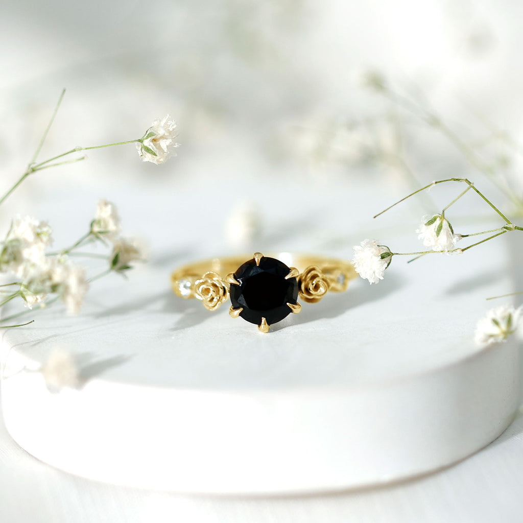 Natural Black Spinel Floral Engagement Ring with Diamond