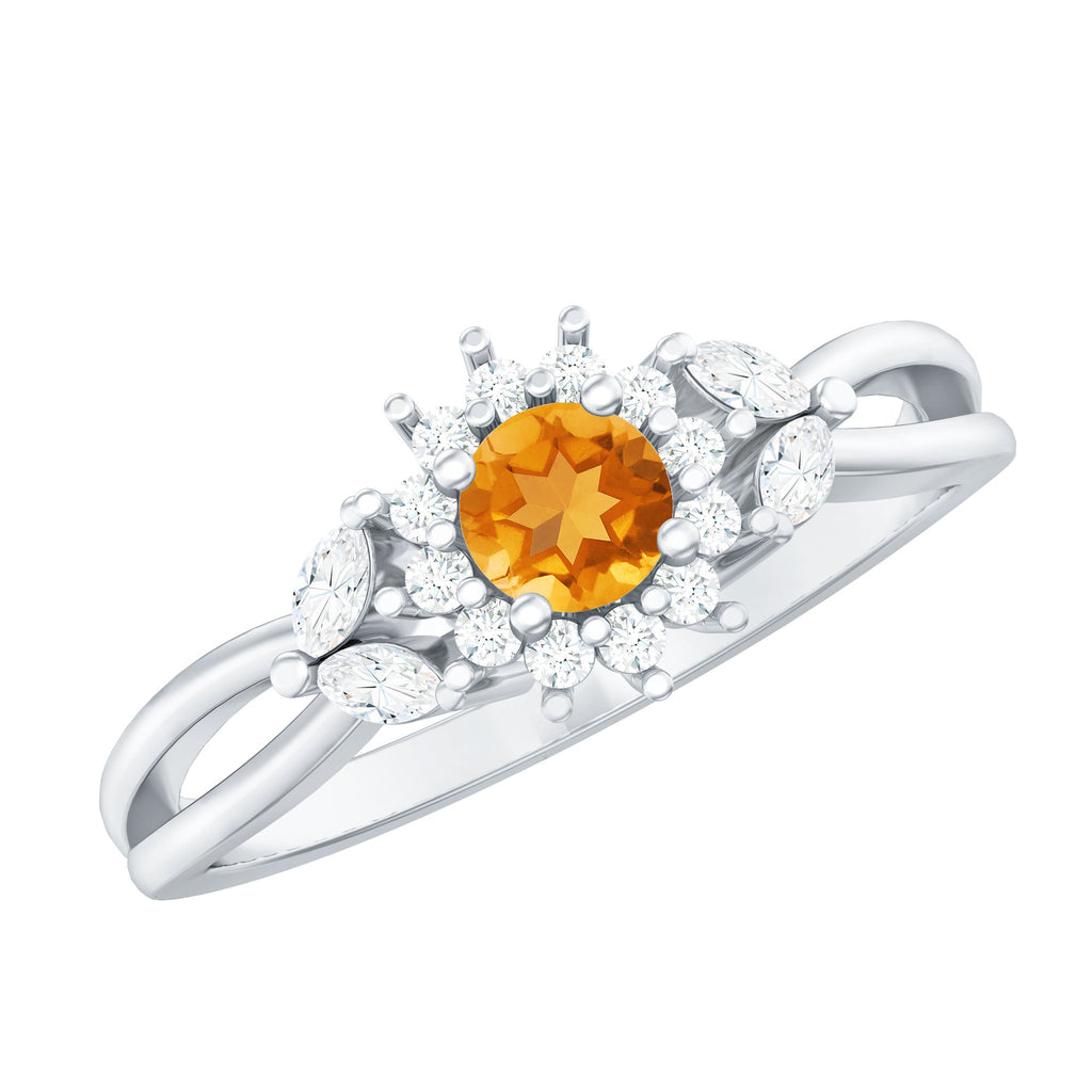 Floral Citrine And Diamond Halo Engagement Ring with Split Shank
