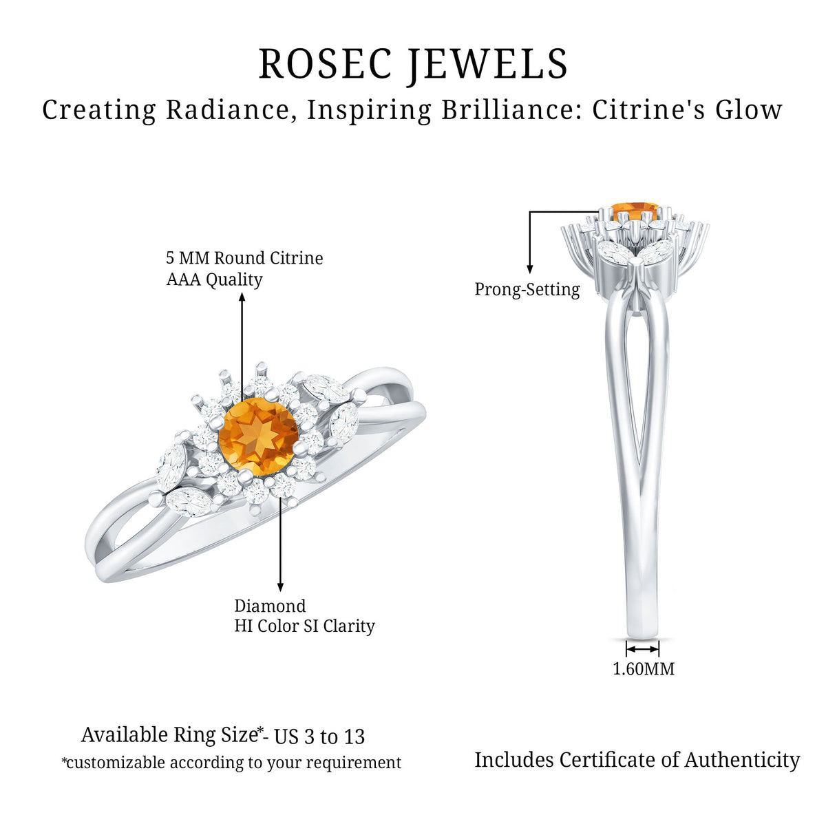 Floral Citrine And Diamond Halo Engagement Ring with Split Shank