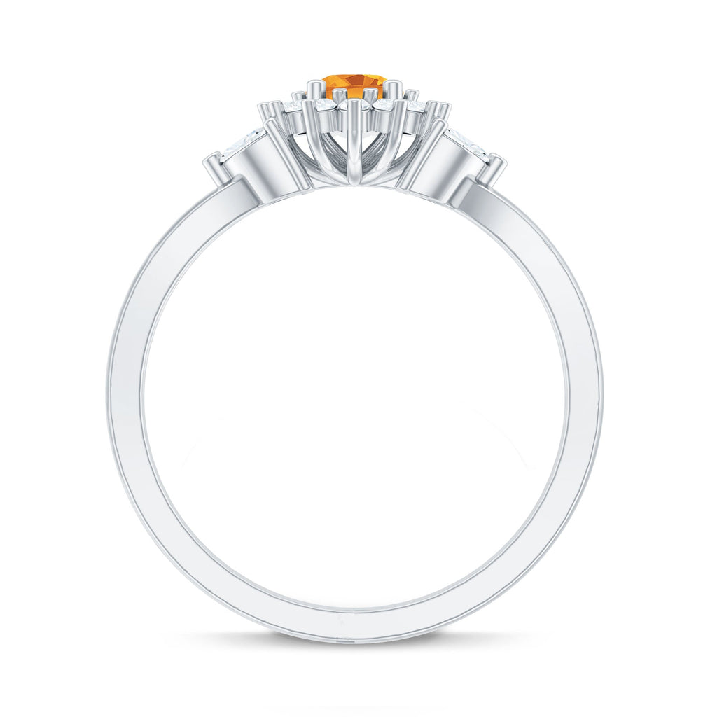 Floral Citrine And Diamond Halo Engagement Ring with Split Shank