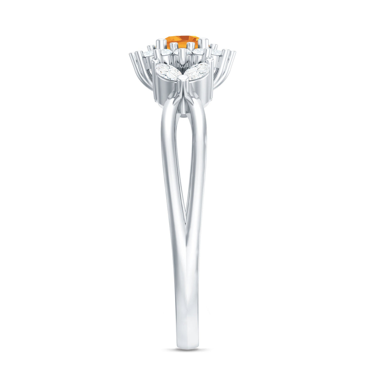 Floral Citrine And Diamond Halo Engagement Ring with Split Shank