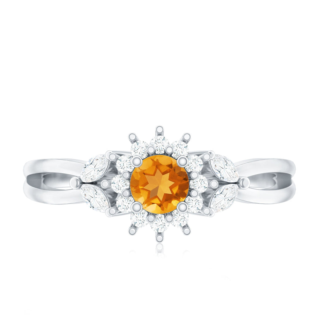 Floral Citrine And Diamond Halo Engagement Ring with Split Shank