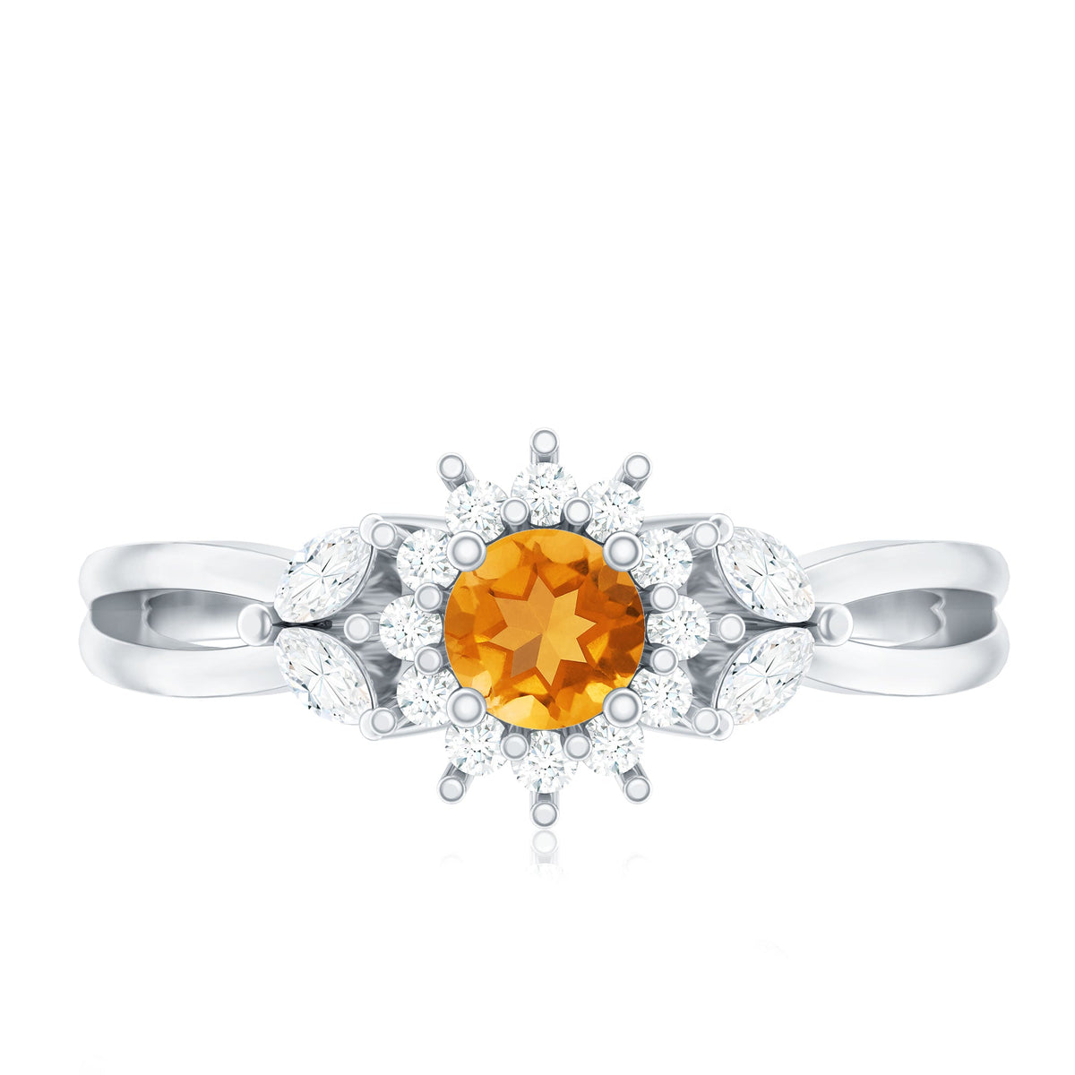Floral Citrine And Diamond Halo Engagement Ring with Split Shank