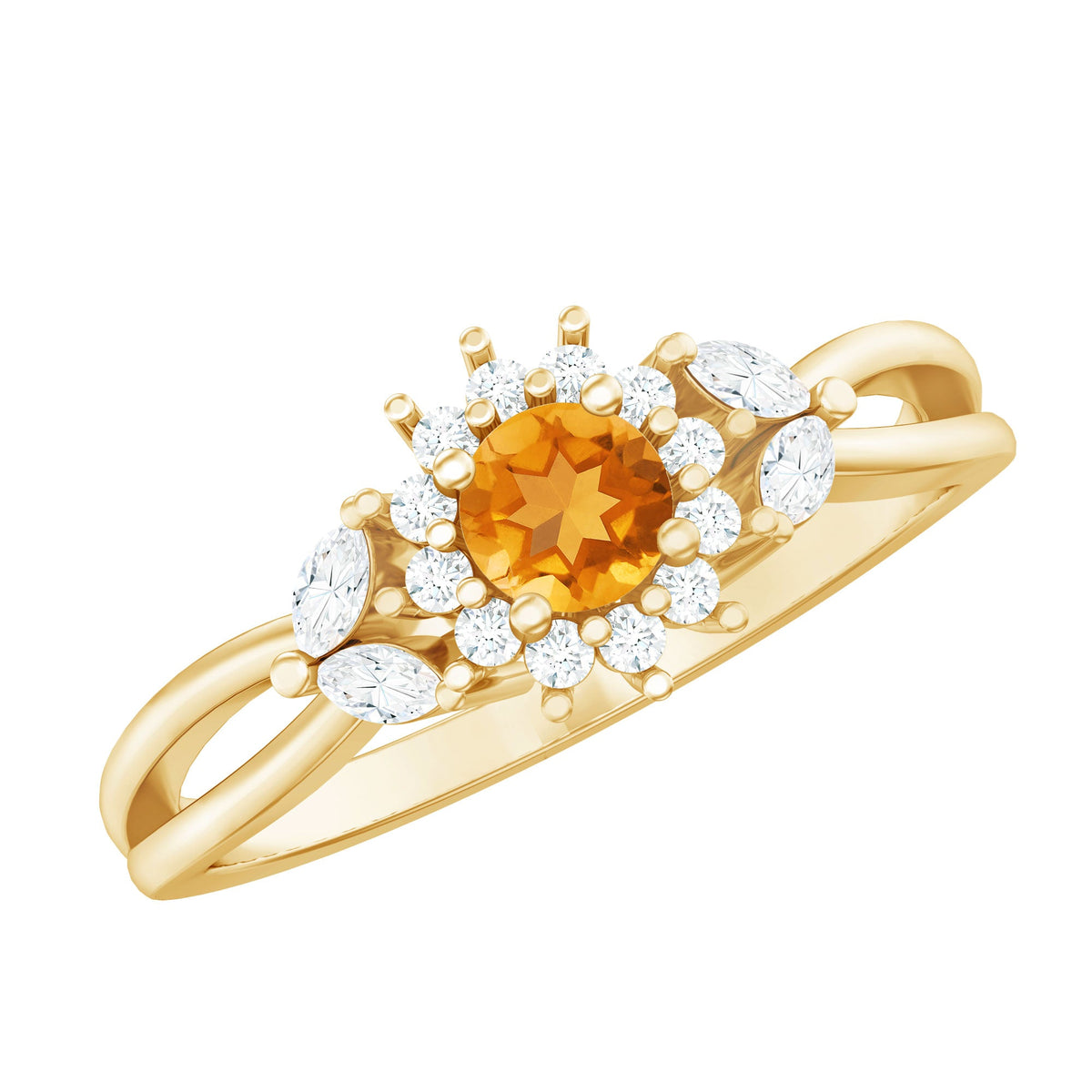 Floral Citrine And Diamond Halo Engagement Ring with Split Shank
