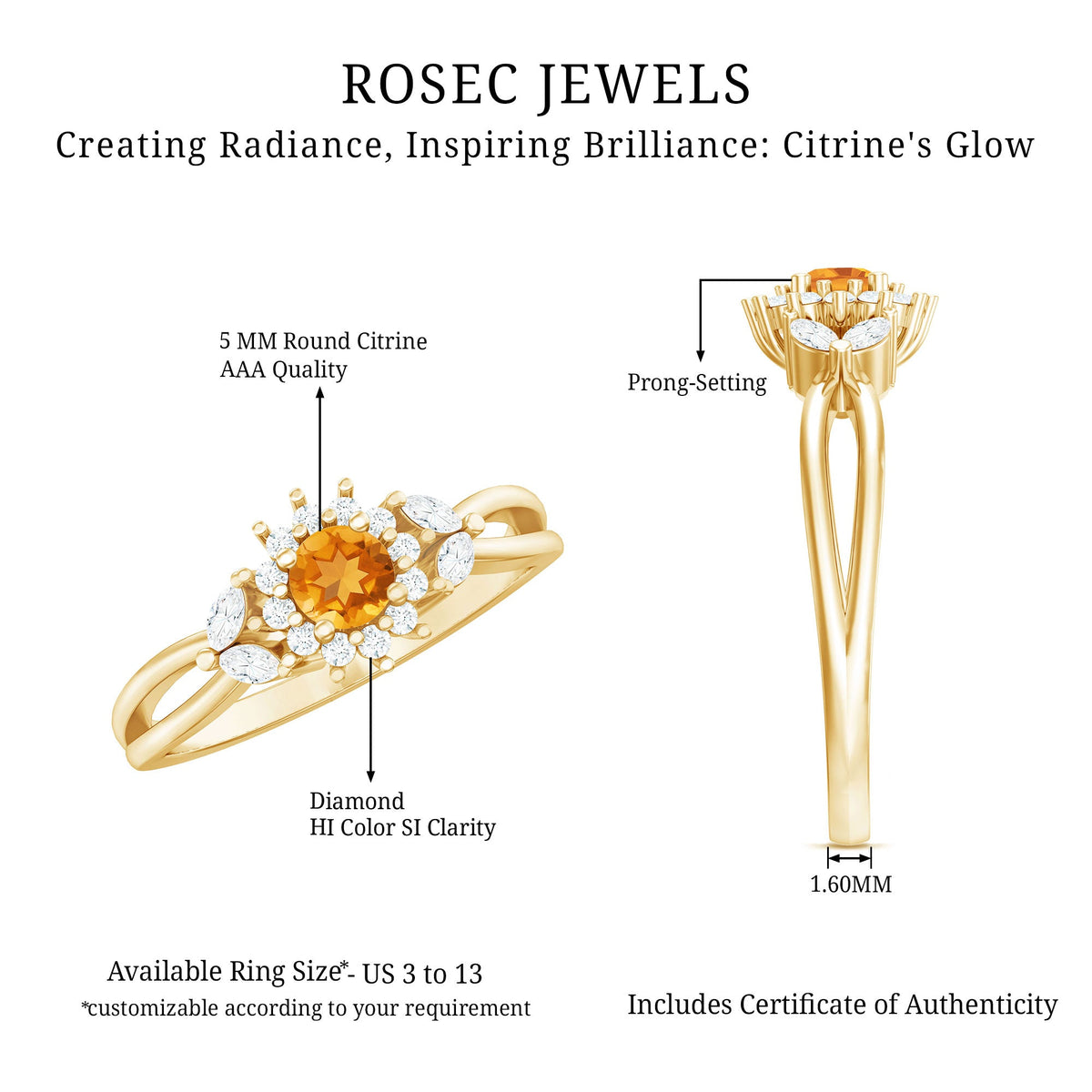 Floral Citrine And Diamond Halo Engagement Ring with Split Shank