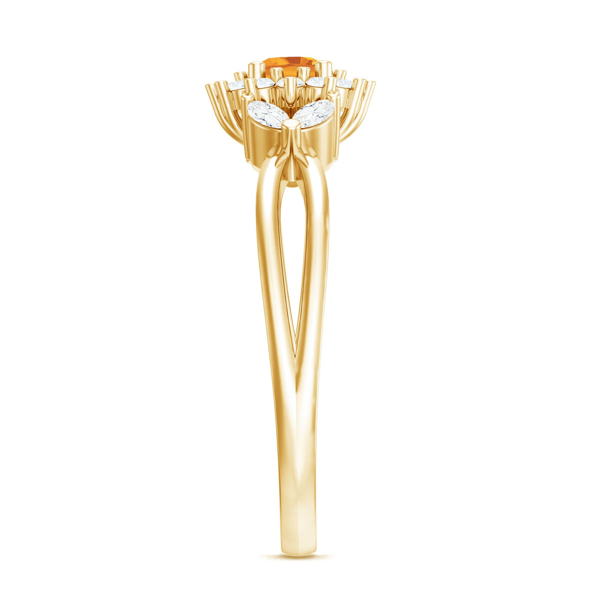 Floral Citrine And Diamond Halo Engagement Ring with Split Shank