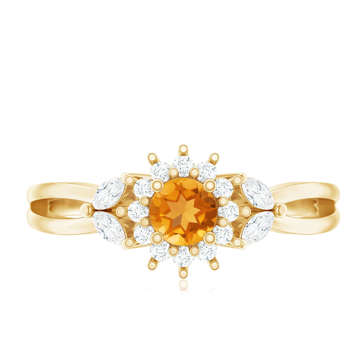 Floral Citrine And Diamond Halo Engagement Ring with Split Shank