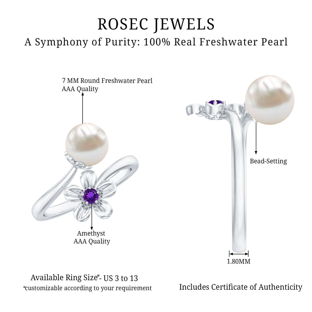 Cultured 3 Carat Freshwater Pearl Flower Ring with Amethyst