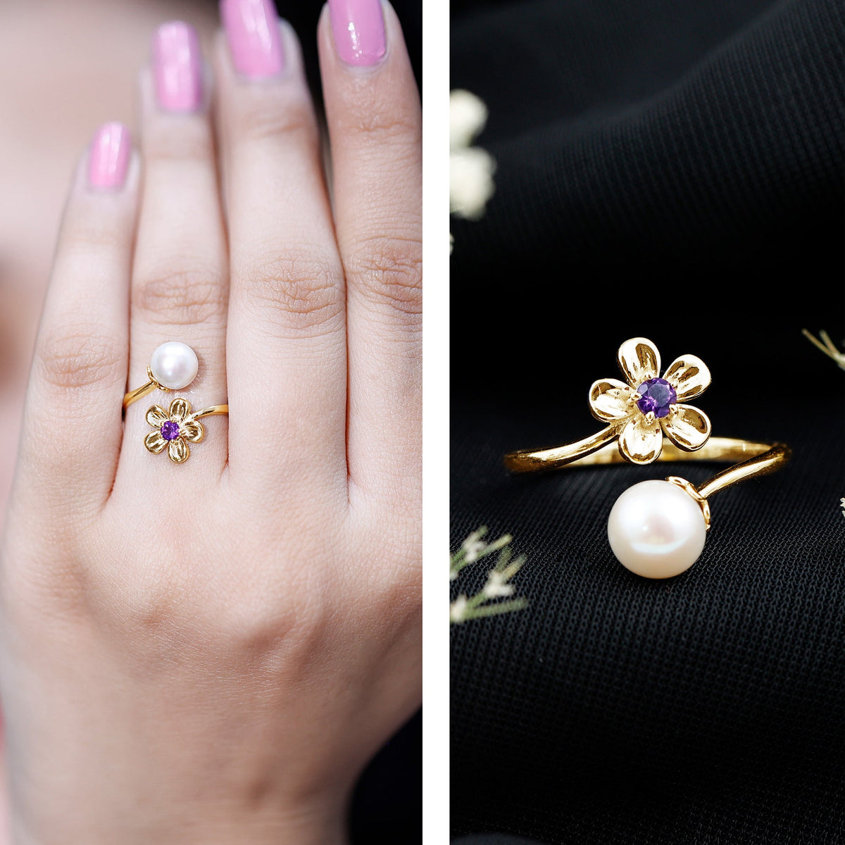 Cultured 3 Carat Freshwater Pearl Flower Ring with Amethyst