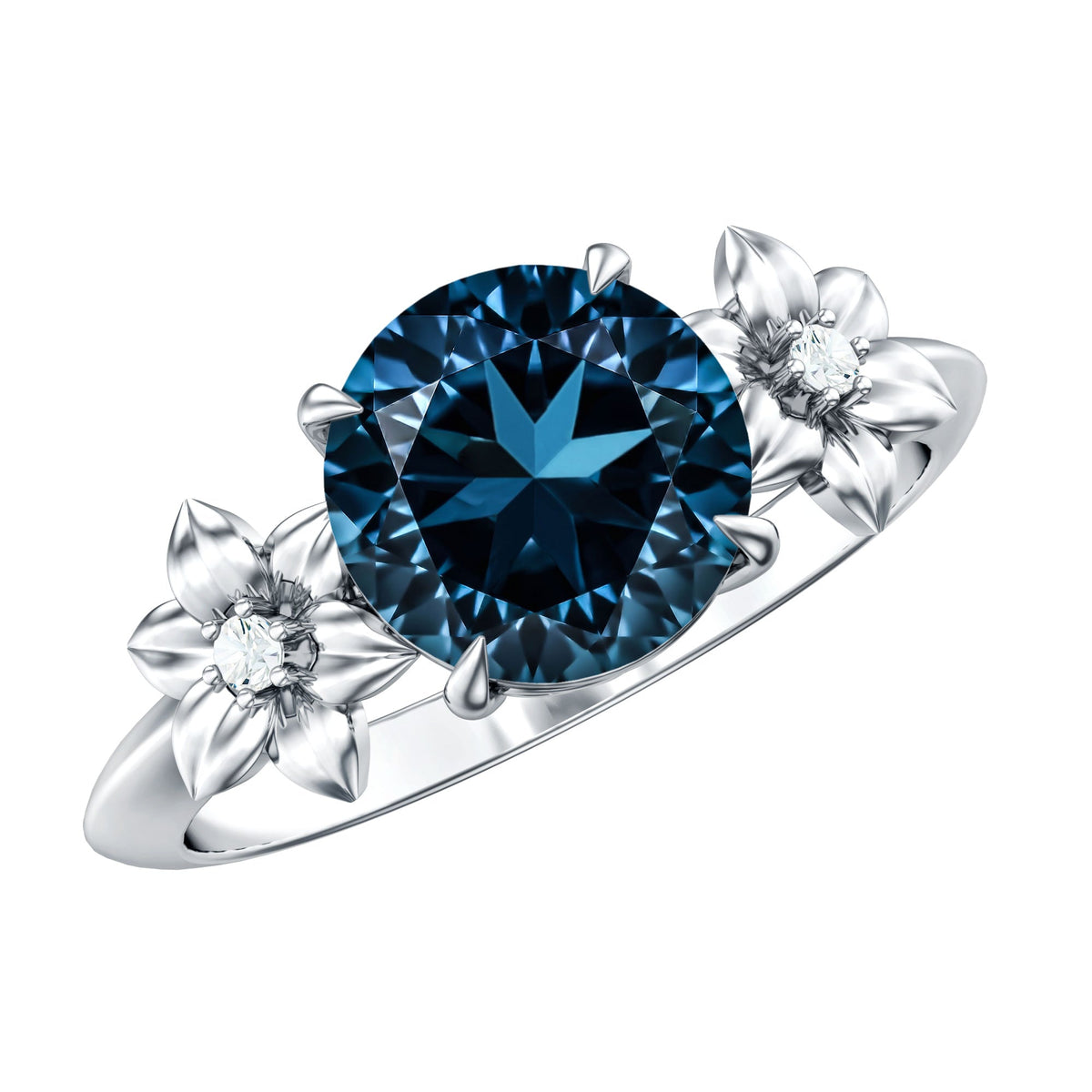 2 Carat Round London Blue Topaz Solitaire Floral Engagement Ring
