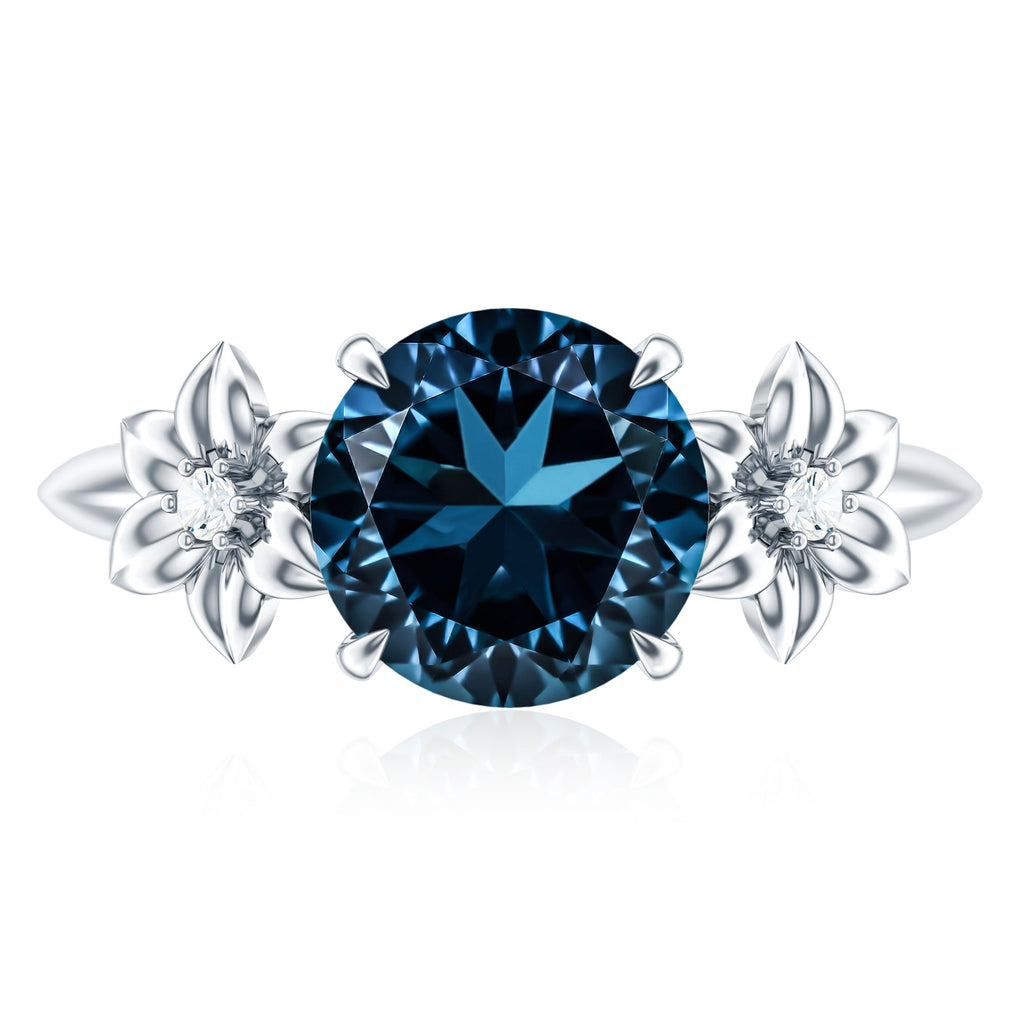 2 Carat Round London Blue Topaz Solitaire Floral Engagement Ring
