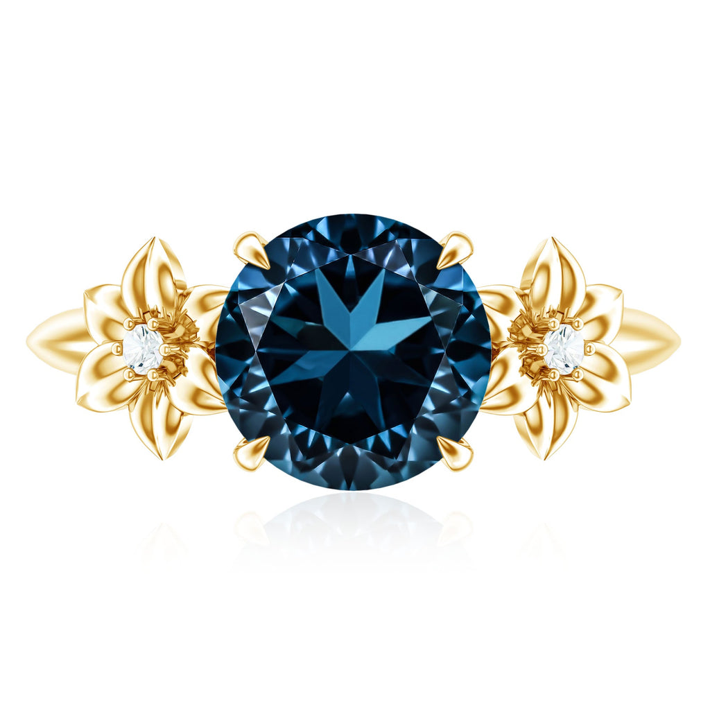 2 Carat Round London Blue Topaz Solitaire Floral Engagement Ring