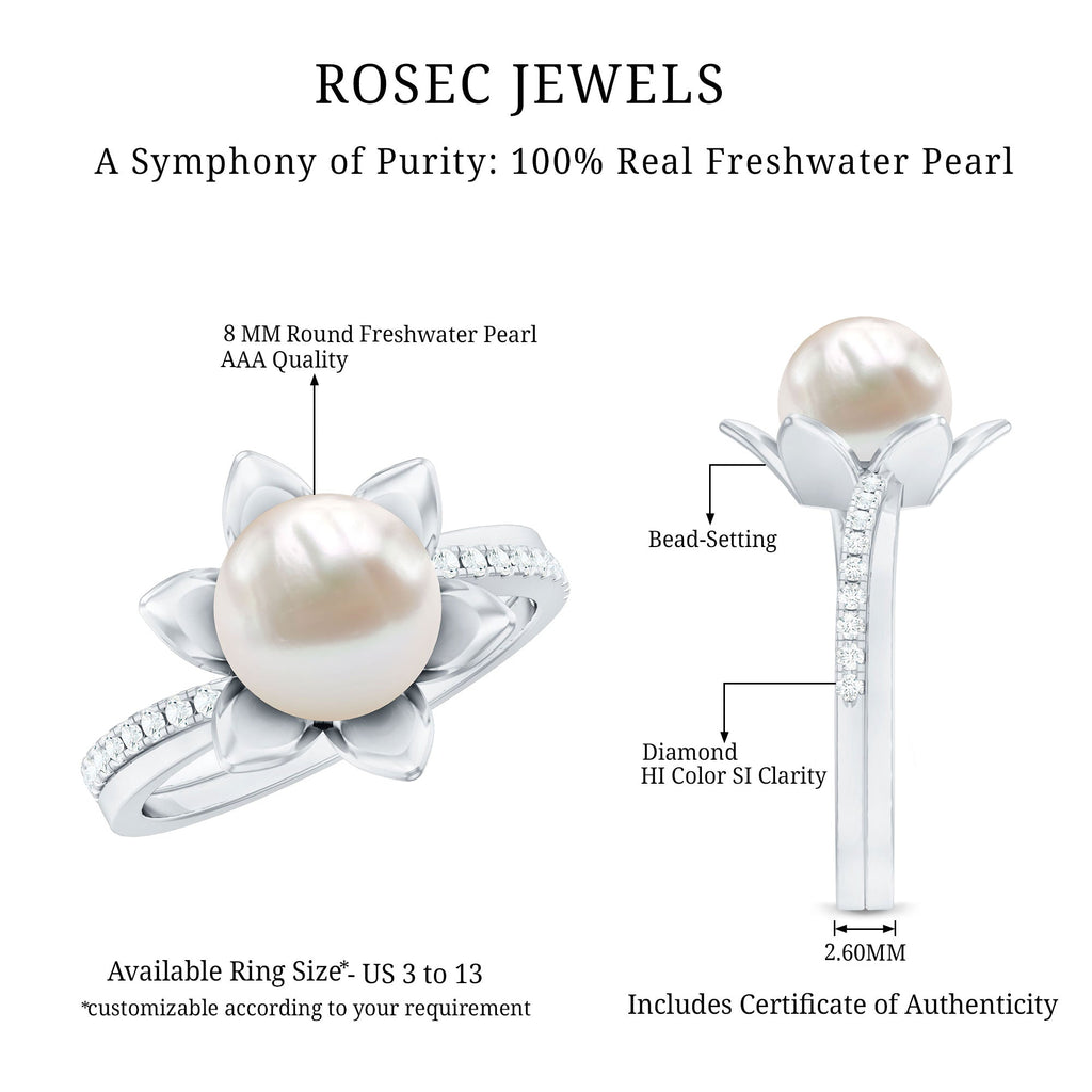 Natural 7.48 Carat White Pearl Flower Engagement Ring with Diamond