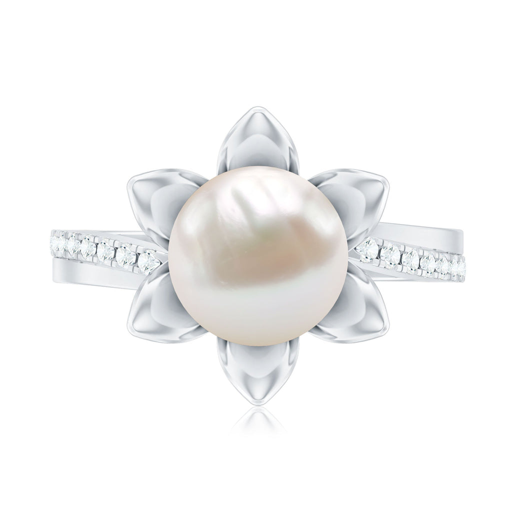 Natural 7.48 Carat White Pearl Flower Engagement Ring with Diamond