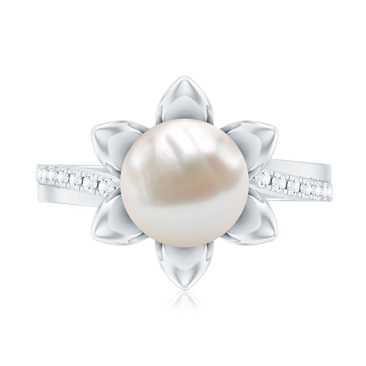 Natural 7.48 Carat White Pearl Flower Engagement Ring with Diamond