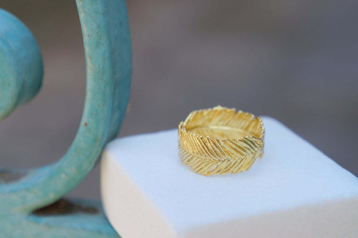 Solid Gold Mimosa Ring, Handmade Nature Jewelry, Organic Forest Band, Eco Gift for Health & Rejuvenation, Real Gold (9K, 14K, 18K)