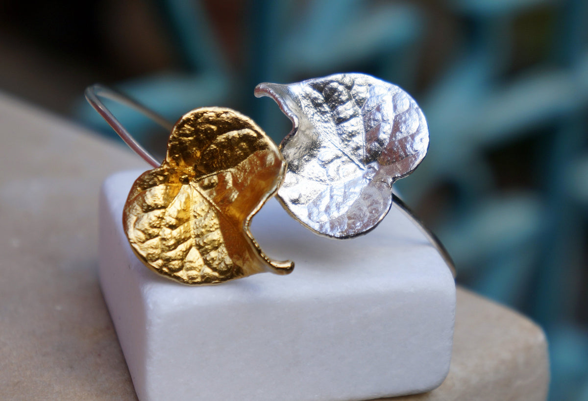 Real Forget Me Not Flower Silver Cuff Bracelet, Handmade Nature Jewelry, Organic Forest Cuff, Unique Gift for Nature Lovers, 14K Gold Plated Sterling Silver 925