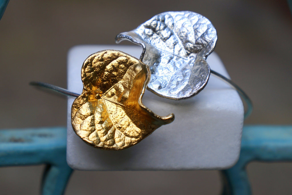 Real Forget Me Not Flower Silver Cuff Bracelet, Handmade Nature Jewelry, Organic Forest Cuff, Unique Gift for Nature Lovers, 14K Gold Plated Sterling Silver 925