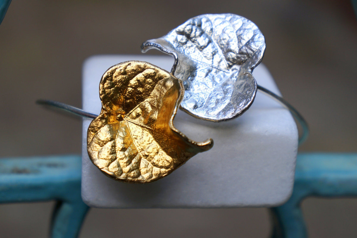 Real Forget Me Not Flower Silver Cuff Bracelet, Handmade Nature Jewelry, Organic Forest Cuff, Unique Gift for Nature Lovers, 14K Gold Plated Sterling Silver 925