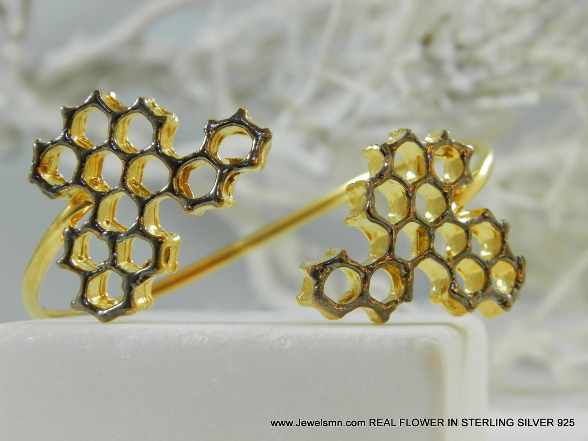 Honeycomb Gold Arm Cuff, Handmade Statement Jewelry, Organic Forest Cuff, Gift for Beauty & Community, Sterling Silver 925