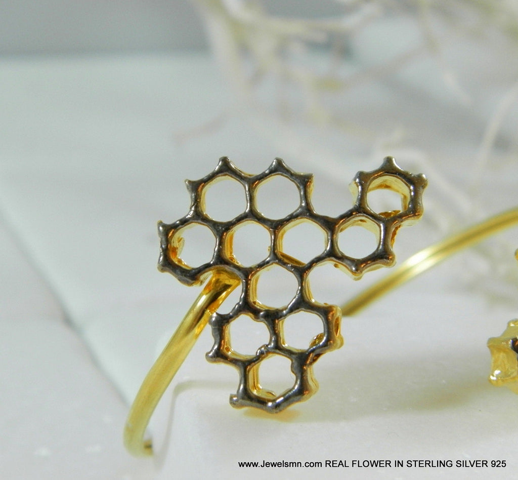 Honeycomb Gold Arm Cuff, Handmade Statement Jewelry, Organic Forest Cuff, Gift for Beauty & Community, Sterling Silver 925