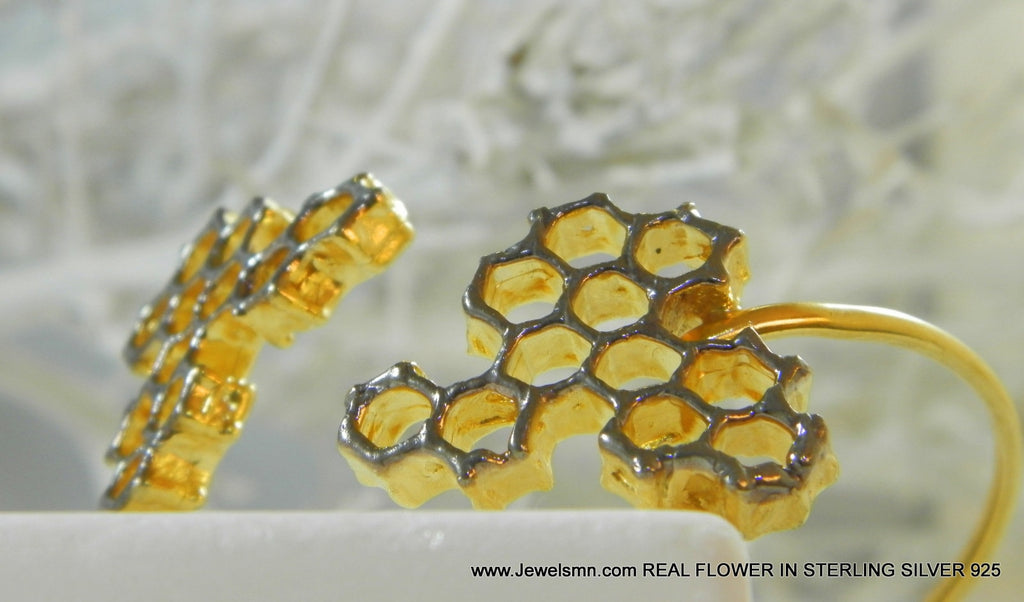 Honeycomb Gold Arm Cuff, Handmade Statement Jewelry, Organic Forest Cuff, Gift for Beauty & Community, Sterling Silver 925