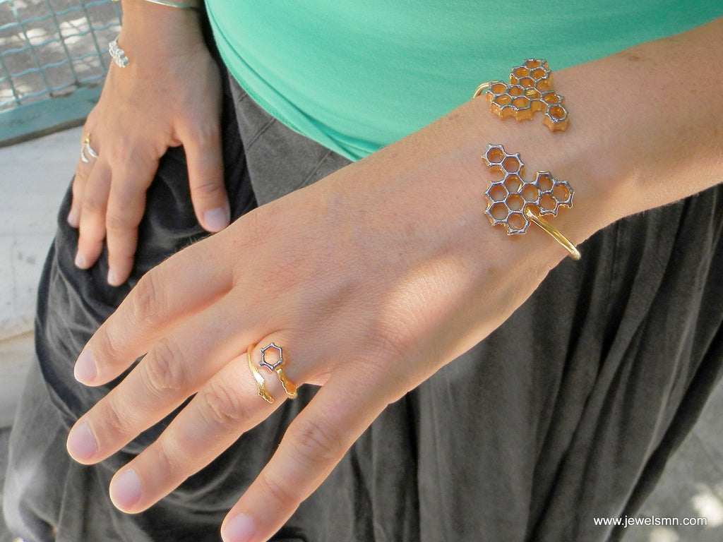 Honeycomb Gold Arm Cuff, Handmade Statement Jewelry, Organic Forest Cuff, Gift for Beauty & Community, Sterling Silver 925