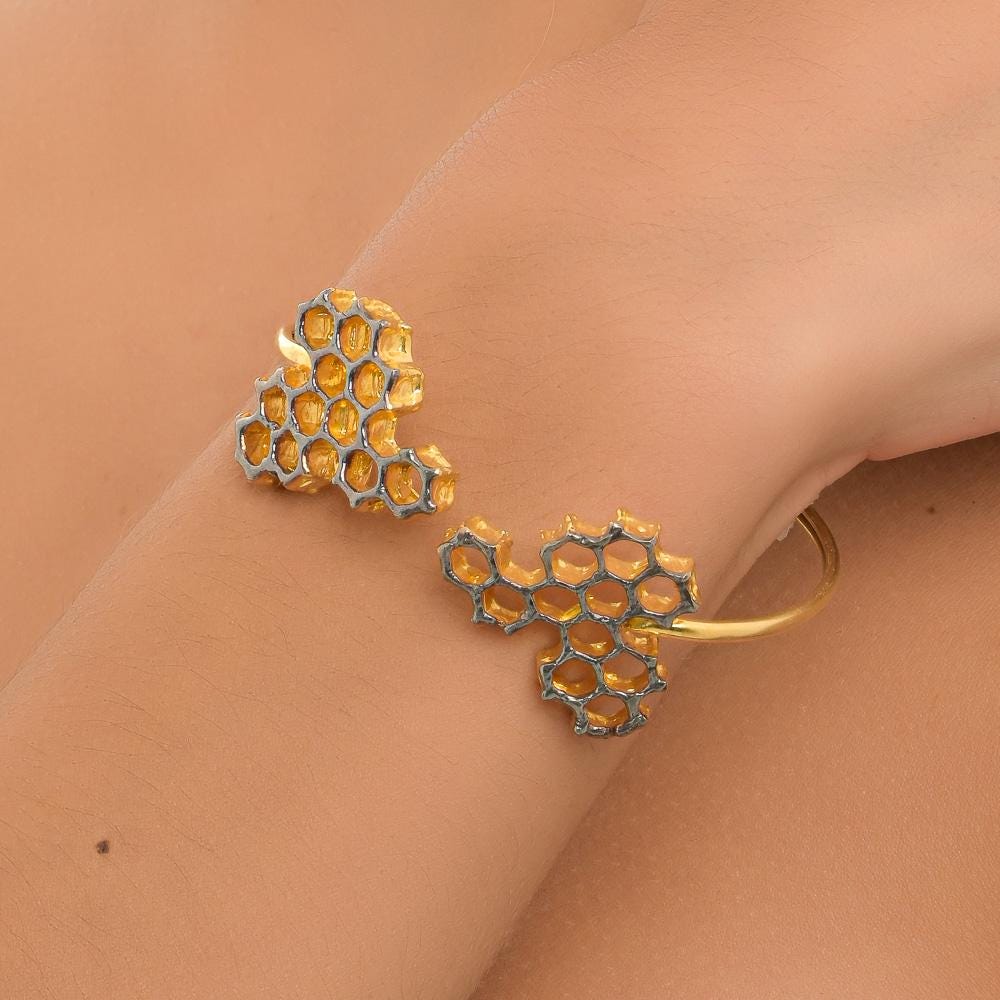 Honeycomb Gold Arm Cuff, Handmade Statement Jewelry, Organic Forest Cuff, Gift for Beauty & Community, Sterling Silver 925