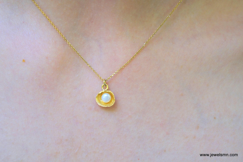 Solid Gold Shell Necklace: Freshwater Pearl Pendant, Nature Inspired