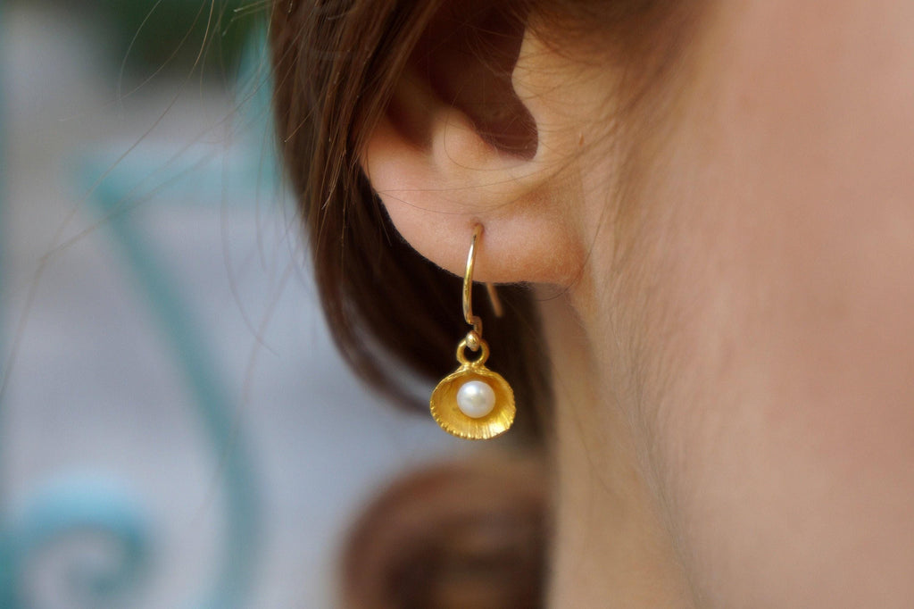 Sea Shell Earrings: Natural Pearls in Solid Gold (Stud or Dangle)