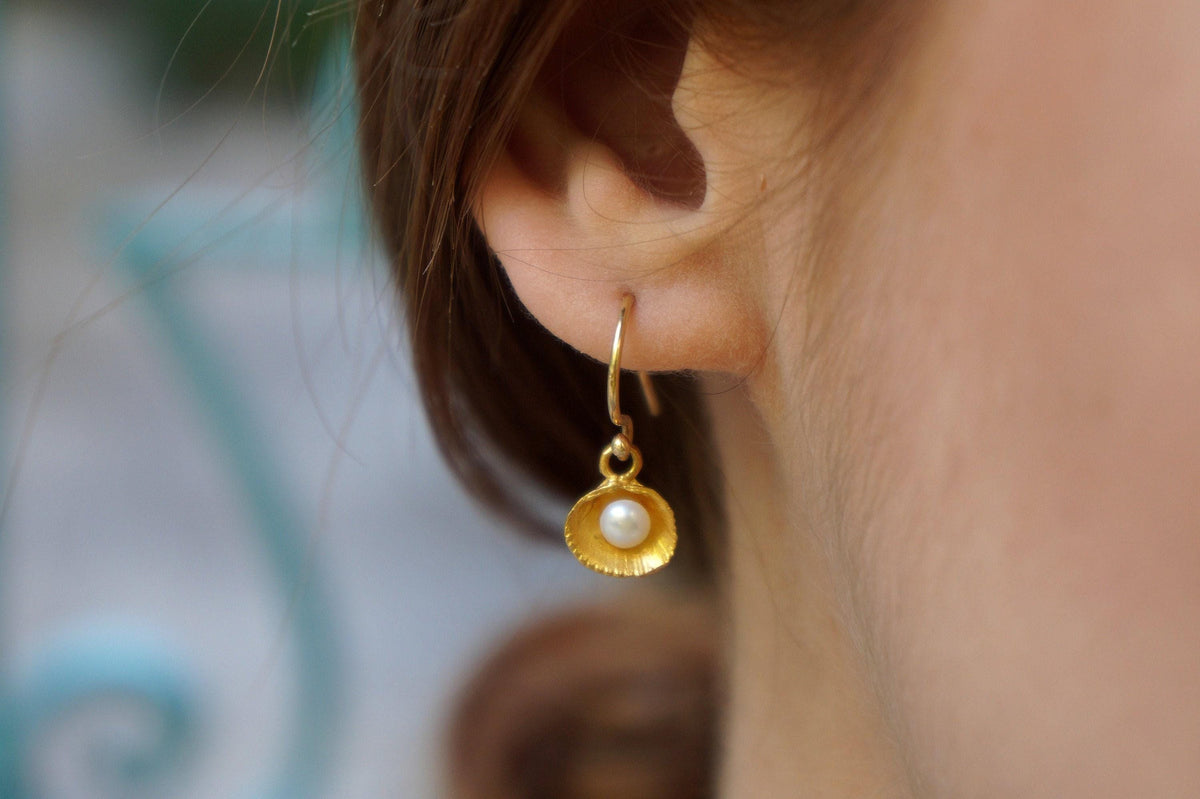 Sea Shell Earrings: Natural Pearls in Solid Gold (Stud or Dangle)