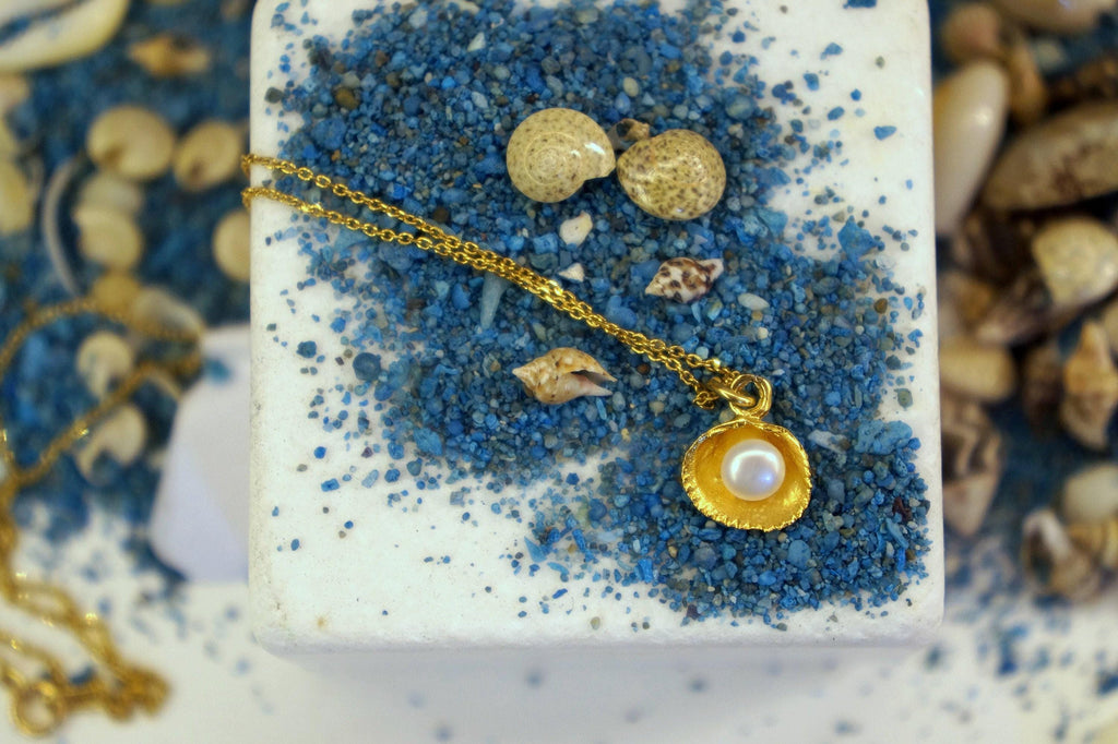 Solid Gold Shell Necklace: Freshwater Pearl Pendant, Nature Inspired