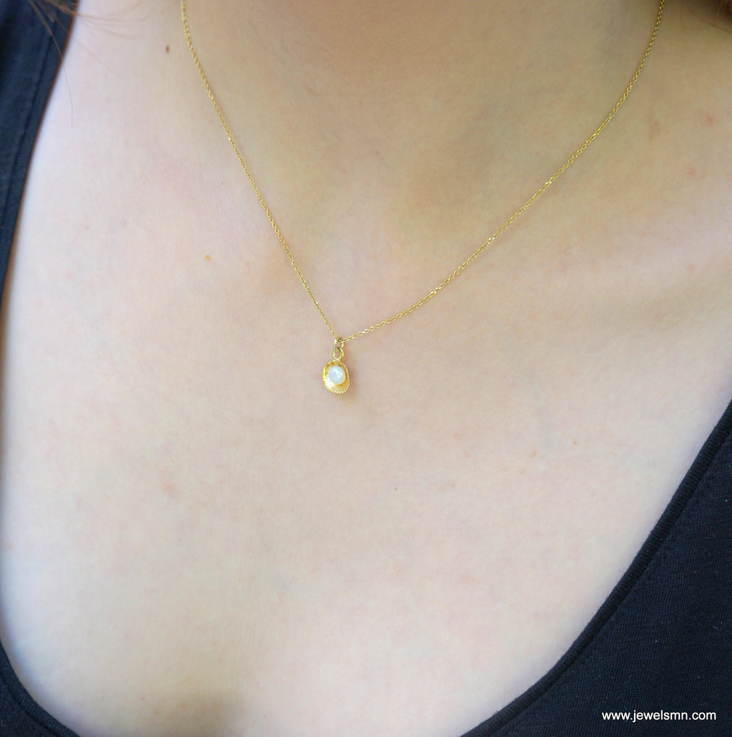 Solid Gold Shell Necklace: Freshwater Pearl Pendant, Nature Inspired