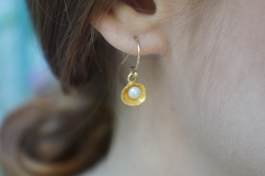 Sea Shell Earrings: Natural Pearls in Solid Gold (Stud or Dangle)