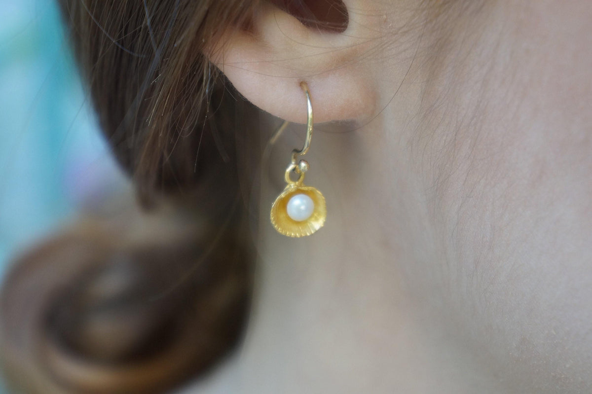 Sea Shell Earrings: Natural Pearls in Solid Gold (Stud or Dangle)
