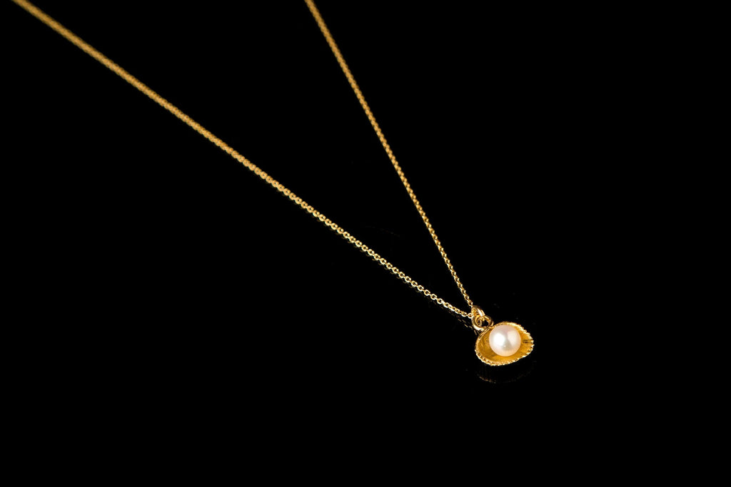 Solid Gold Shell Necklace: Freshwater Pearl Pendant, Nature Inspired