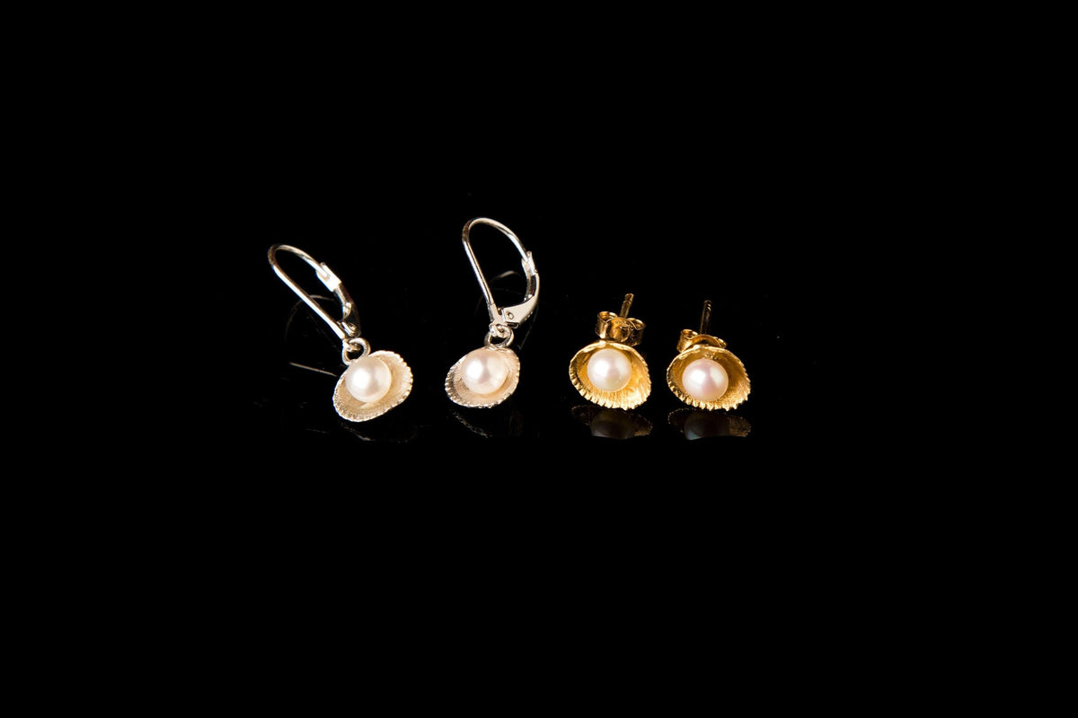 Sea Shell Earrings: Natural Pearls in Solid Gold (Stud or Dangle)