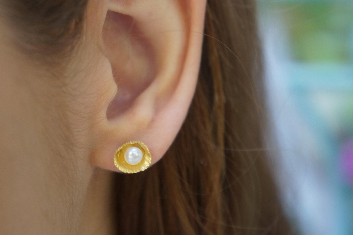 Sea Shell Earrings: Natural Pearls in Solid Gold (Stud or Dangle)