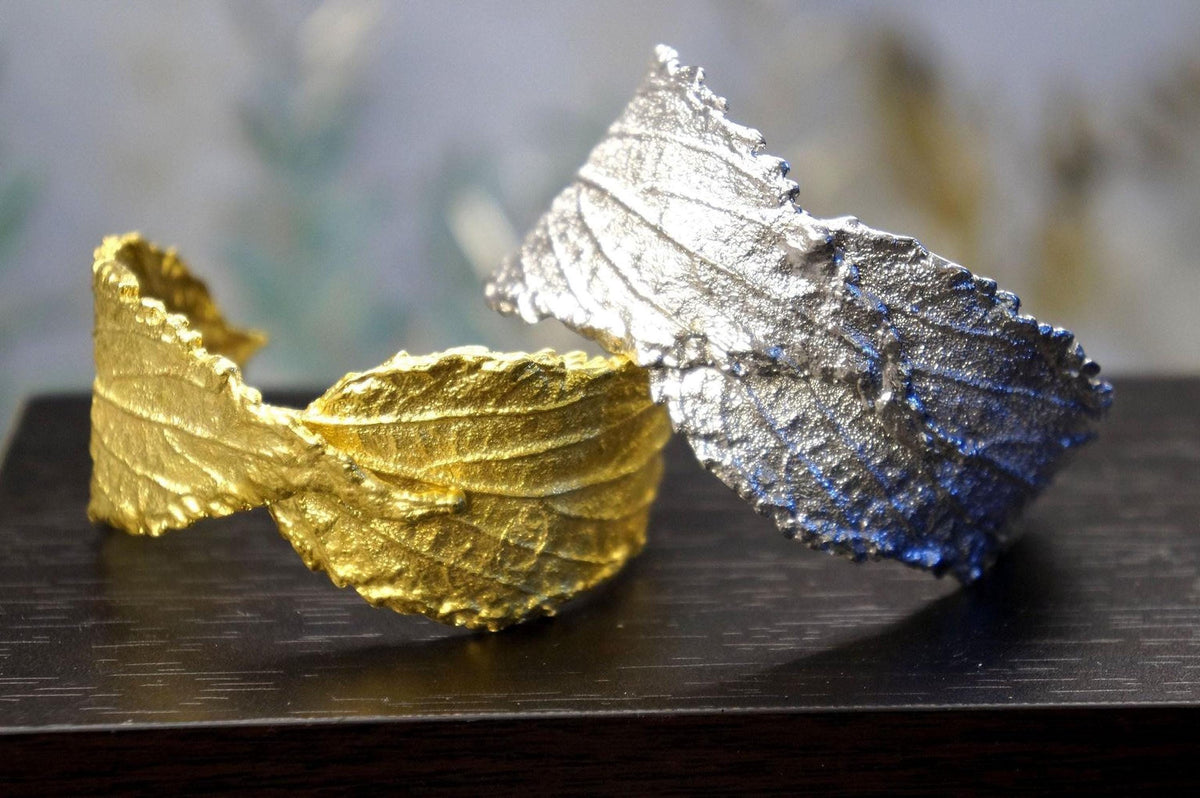 Real Hibiscus Leaf Gold Bracelet, Handmade Statement Jewelry, Organic Forest Cuff, Gift for Luck & Health, Gold or Sterling Silver 925