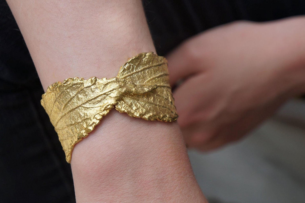 Real Hibiscus Leaf Gold Bracelet, Handmade Statement Jewelry, Organic Forest Cuff, Gift for Luck & Health, Gold or Sterling Silver 925