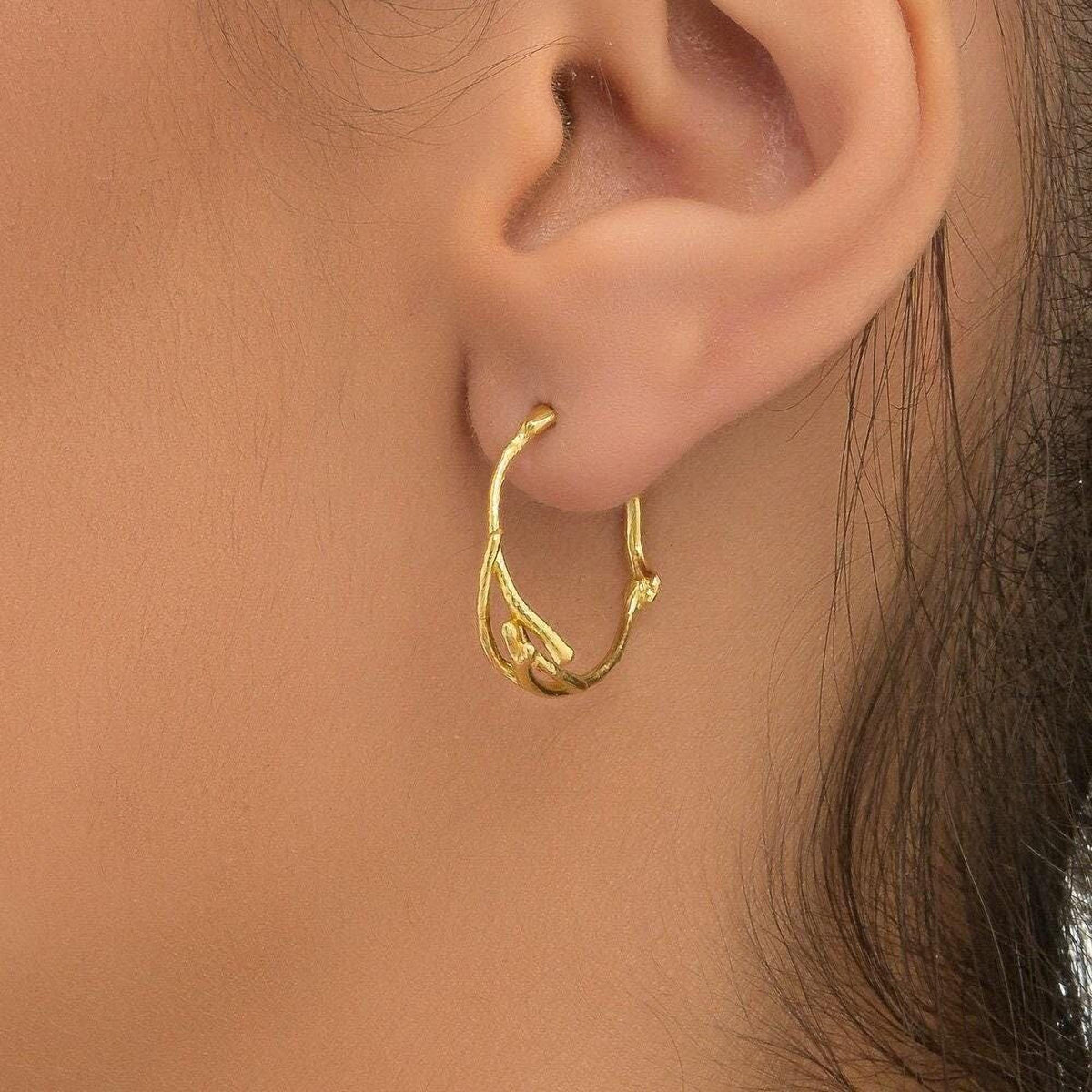 Solid Gold Jasmine Branch Earrings, Handmade Twig Jewelry, Organic Minimalist Hoops, Gift for Purity & Longevity, Real Gold (9K, 14K, 18K)